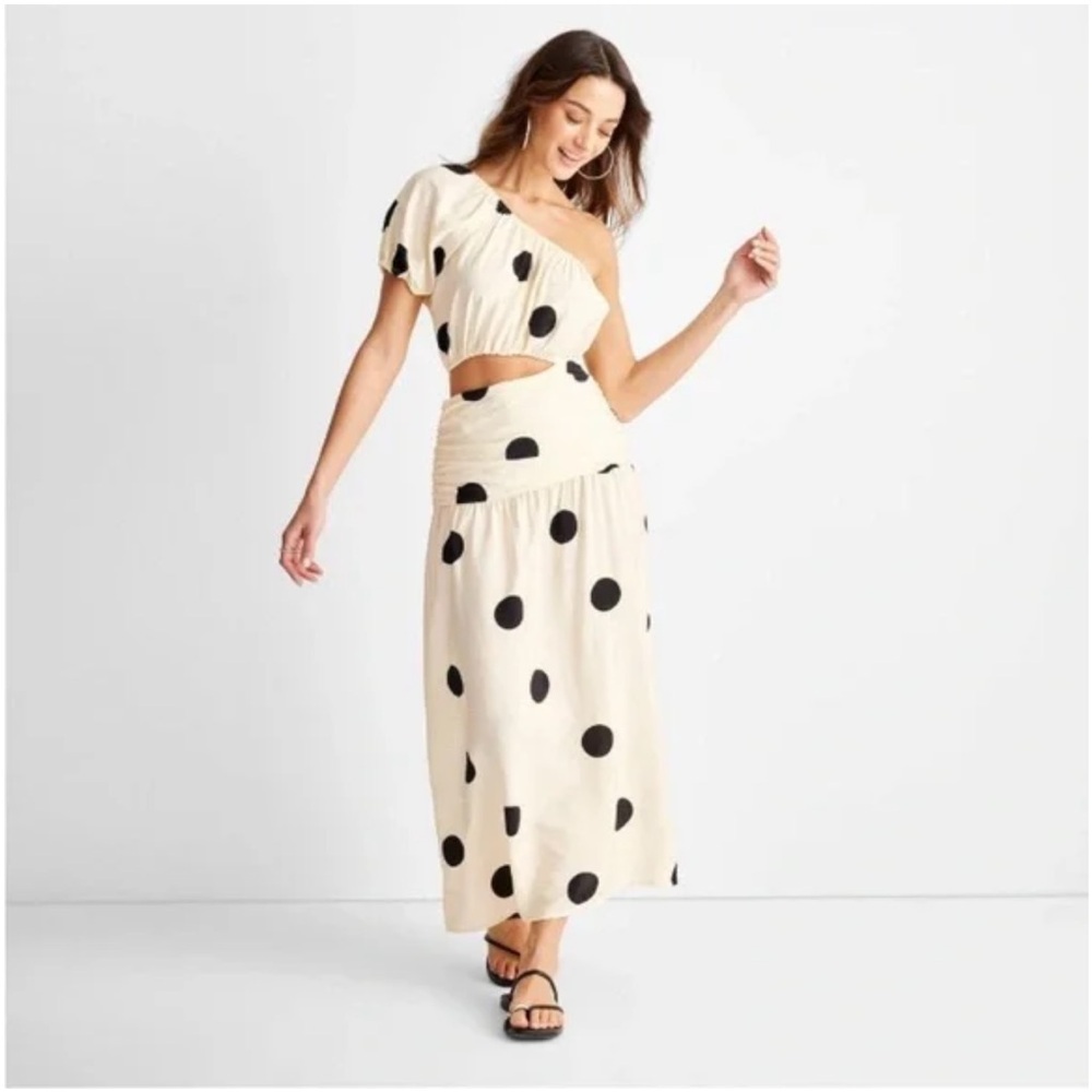 Future Collective polka dot one shoulder cutout midi dress